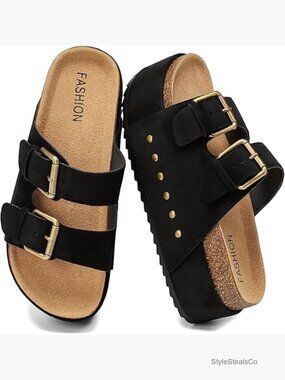Platform Sandals Cork Footbed Double Buckles Chunky Wedge Slides Wide Width